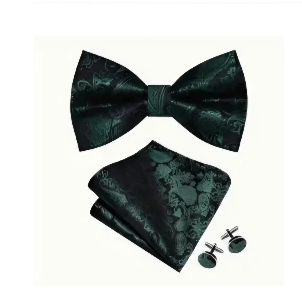NEW LUXURIOUS DARK GREEN BOW TIE, HANKERCHIEF AND CUFF LINKS SET
